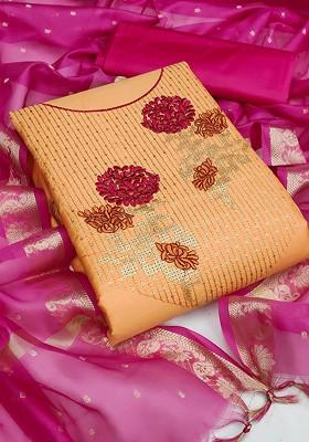 Beige Floral Embroidered Poly Blend Kurta Set