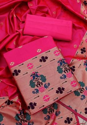 Pink Ethnic Motifs Woven Poly Blend Kurta Set