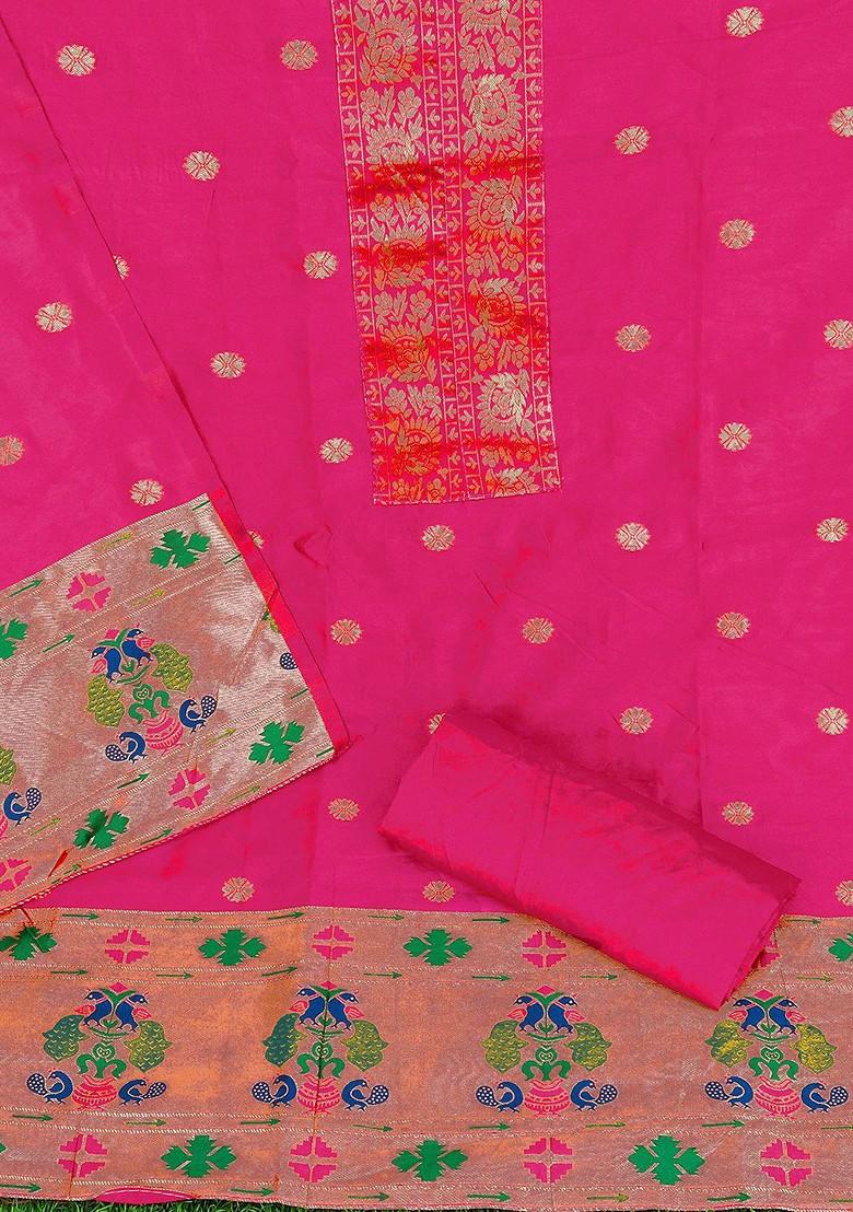 Pink Ethnic Motifs Woven Poly Blend Kurta Set