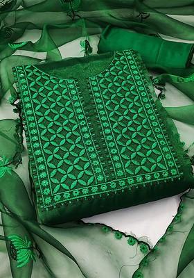 Green Floral Embroidered Poly Blend Kurta Set