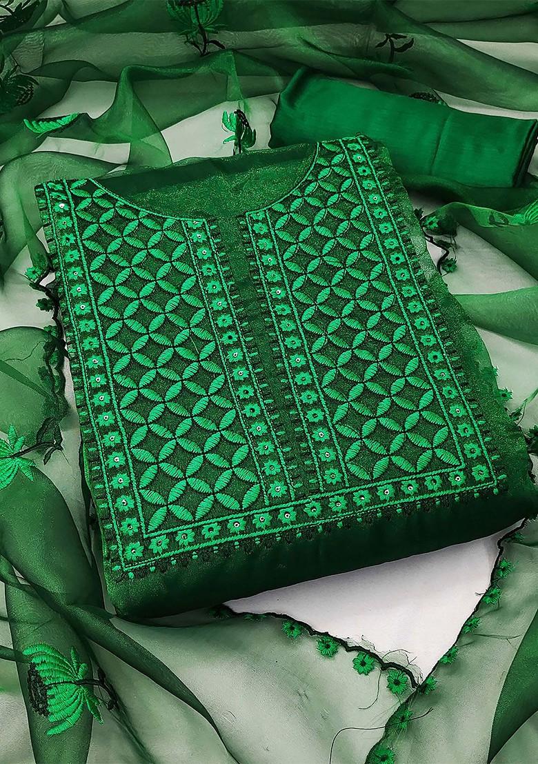 Green Floral Embroidered Poly Blend Kurta Set