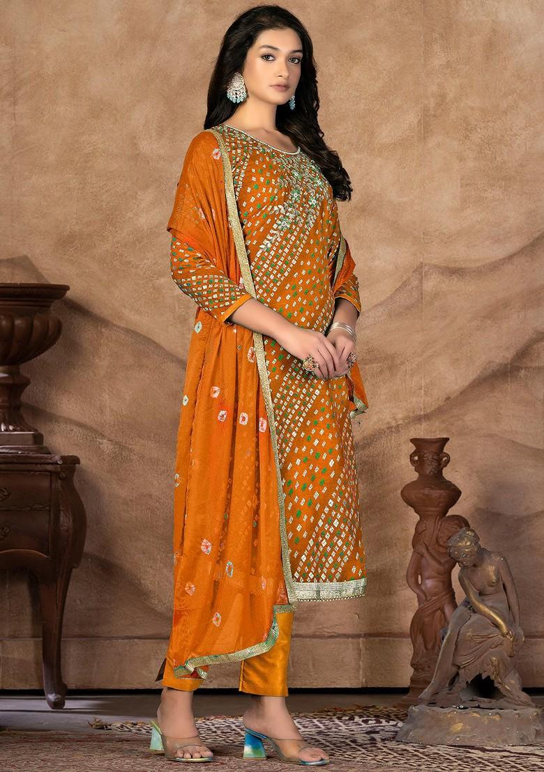 Mustard Yellow Bandhani Print Poly Blend Kurta Set