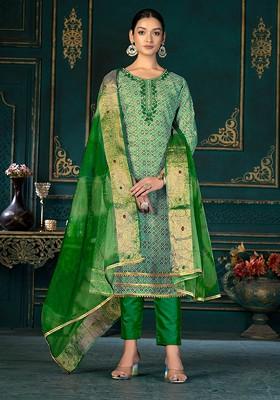 Green Ethnic Motifs Printed Poly Blend Kurta Set