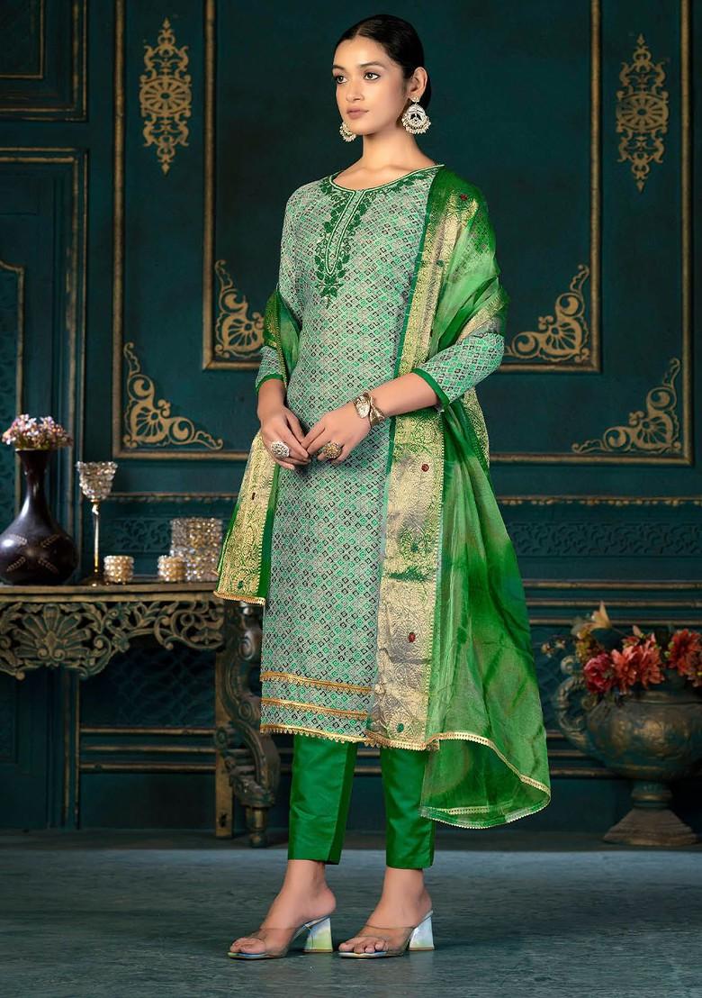 Green Ethnic Motifs Printed Poly Blend Kurta Set