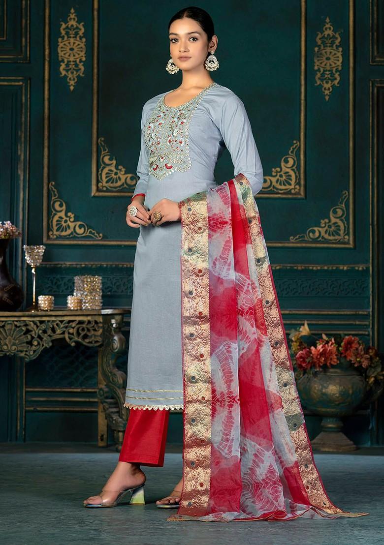 Grey Floral Embroidered Poly Blend Kurta Set