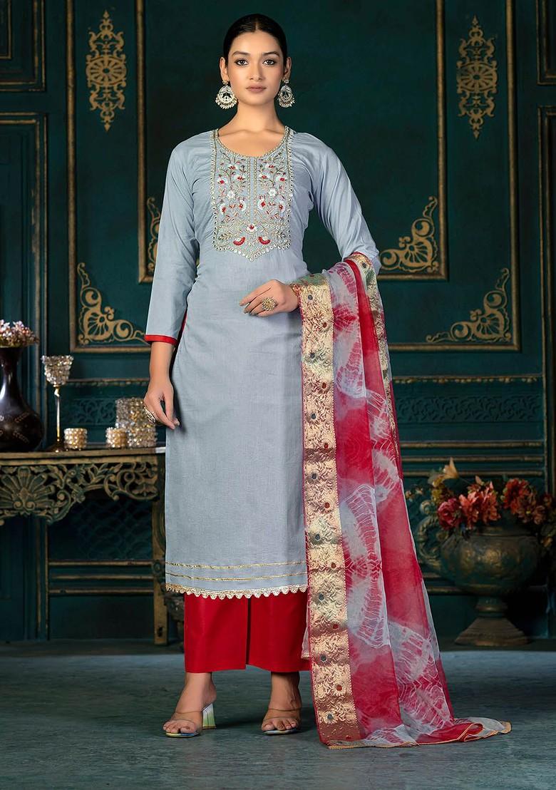 Grey Floral Embroidered Poly Blend Kurta Set