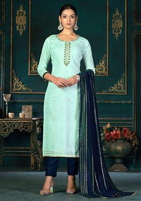 Sea Green Bead Embroidered Poly Blend Kurta Set