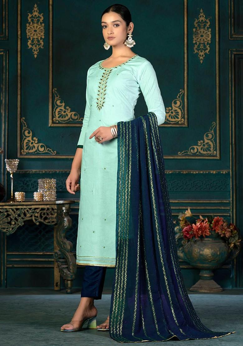 Sea Green Bead Embroidered Poly Blend Kurta Set