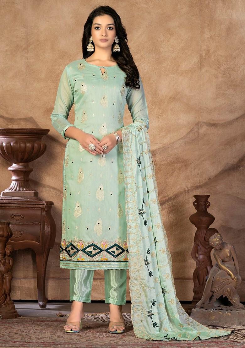 Sea Green Ethnic Motifs Embroidered Poly Blend Kurta Set
