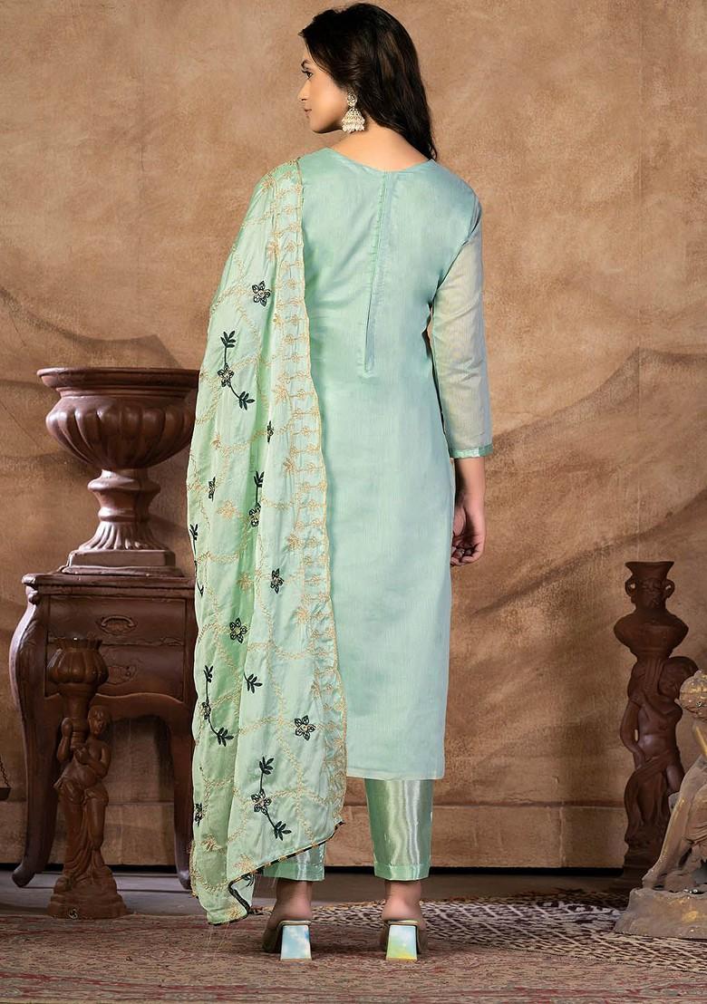 Sea Green Ethnic Motifs Embroidered Poly Blend Kurta Set