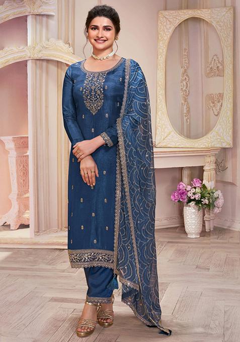 Blue Embroidered Georgette Kurta Set