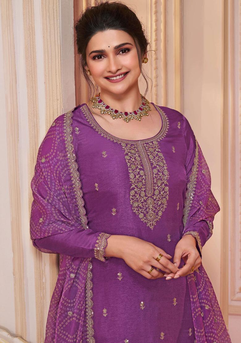Purple Embroidered Georgette Kurta Set