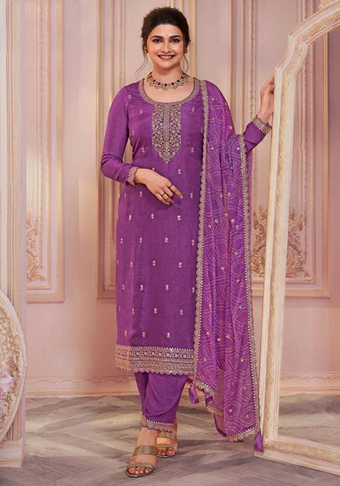 Purple Embroidered Georgette Kurta Set