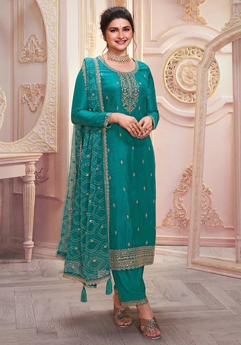 Turquoise Embroidered Georgette Kurta Set