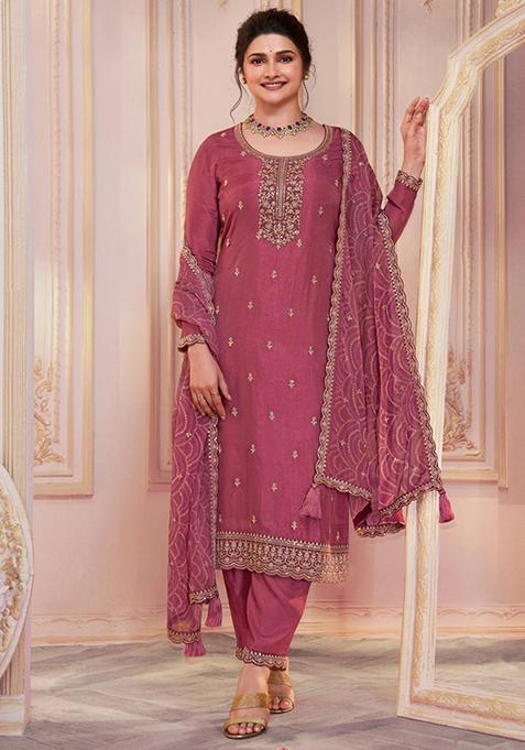 Onion Pink Embroidered Georgette Kurta Set