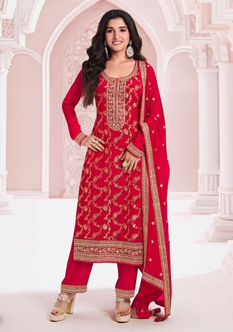 Red Embroidered Viscose Kurta Set