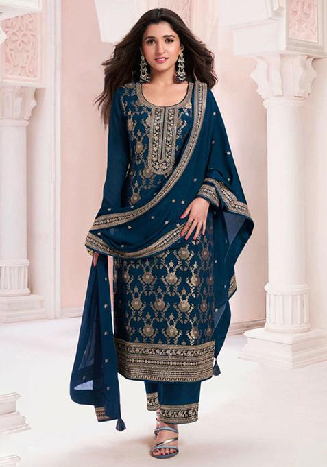 Blue Embroidered Viscose Kurta Set