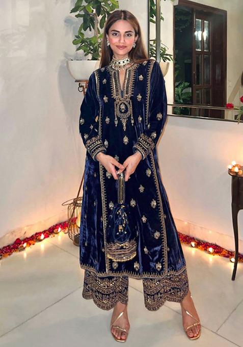 Navy Blue Embroidered Velvet Kurta Set