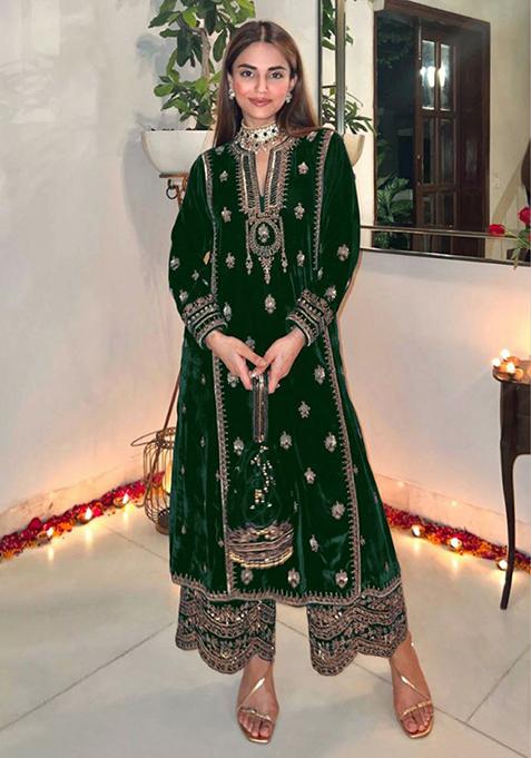 Green Embroidered Velvet Kurta Set