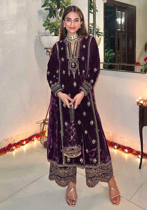 Violet Embroidered Velvet Kurta Set