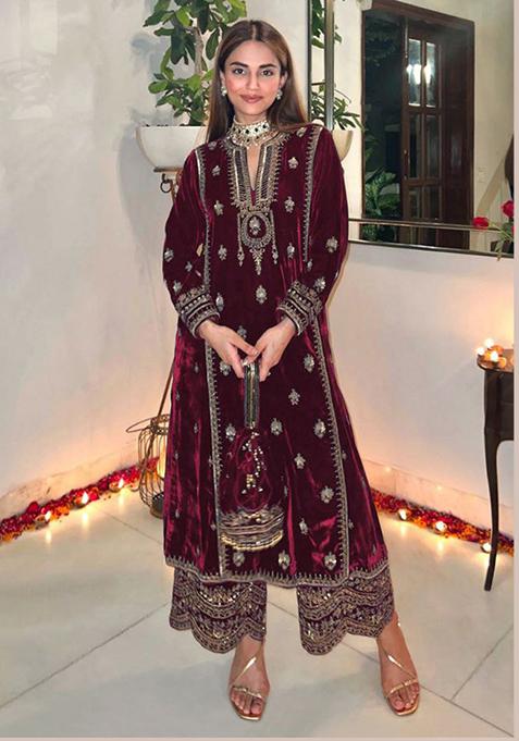 Maroon Embroidered Velvet Kurta Set