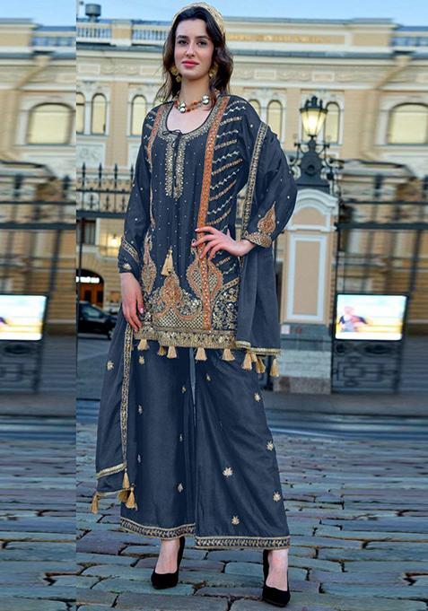 Dark Grey Embroidered Chinon Kurta Set