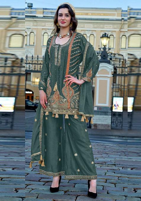 Olive Embroidered Chinon Kurta Set