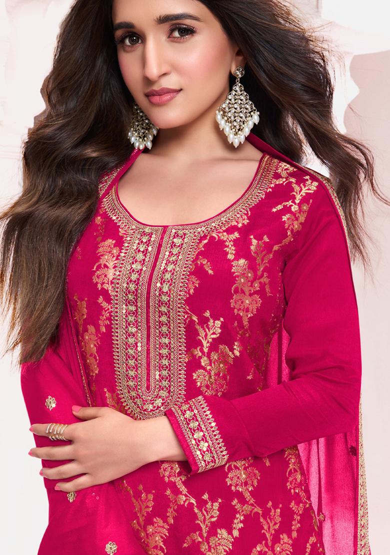 Pink Embroidered Jacquard Kurta Set