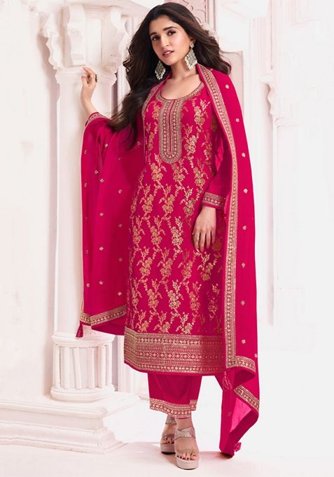 Pink Embroidered Jacquard Kurta Set