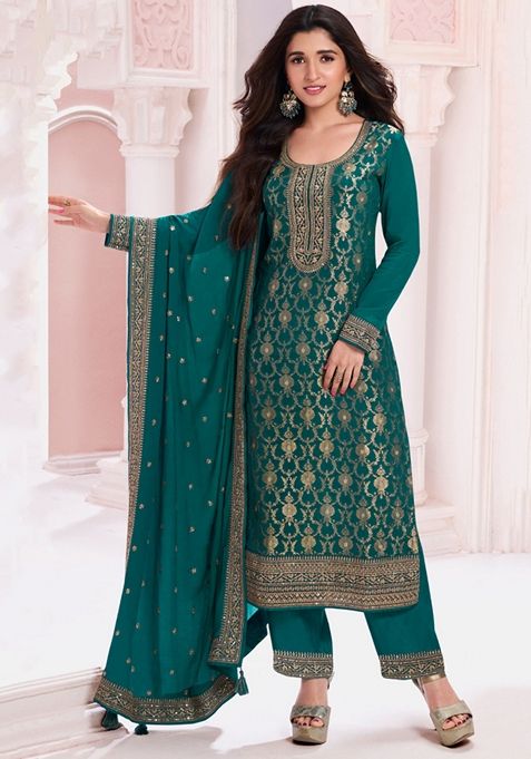 Green Embroidered Jacquard Kurta Set