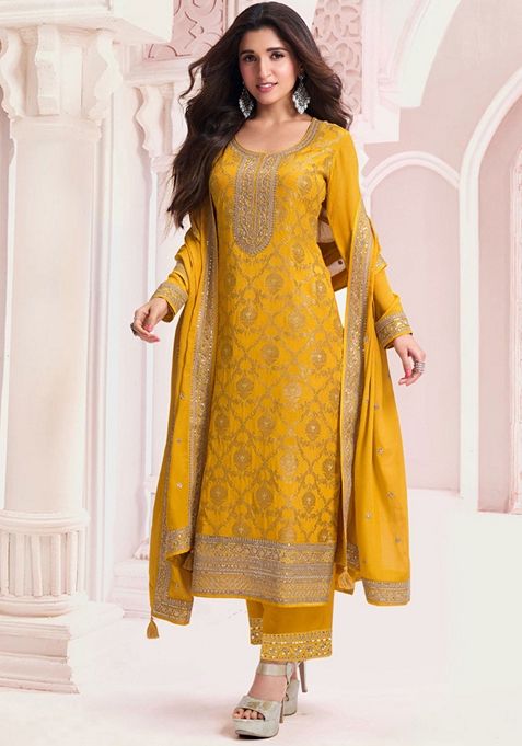 Yellow Embroidered Jacquard Kurta Set