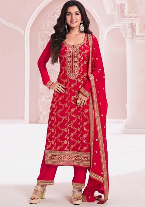 Red Embroidered Jacquard Kurta Set