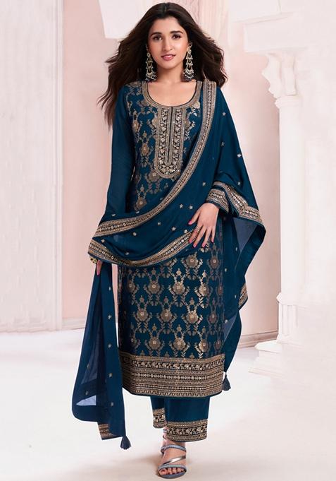 Navy Blue Embroidered Jacquard Kurta Set