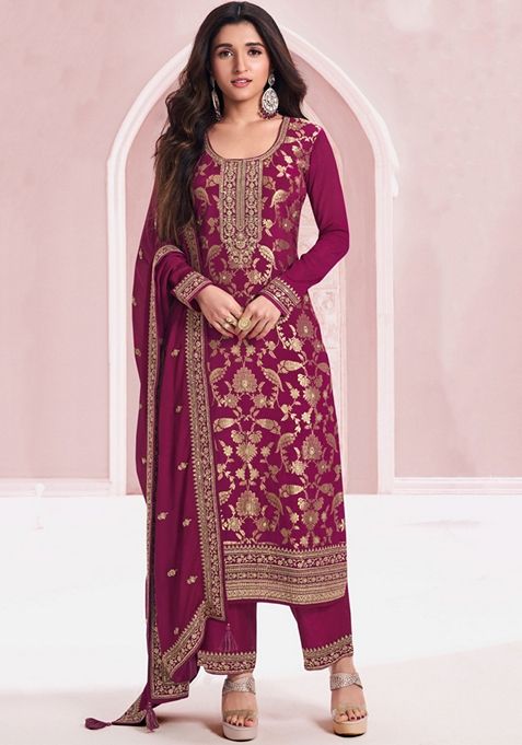 Wine Embroidered Jacquard Kurta Set