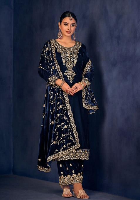 Blue Embroidered Velvet Kurta Set