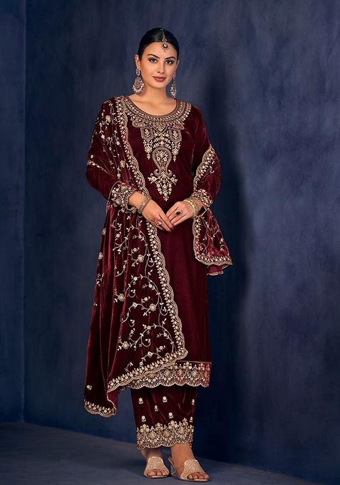 Maroon Embroidered Velvet Kurta Set