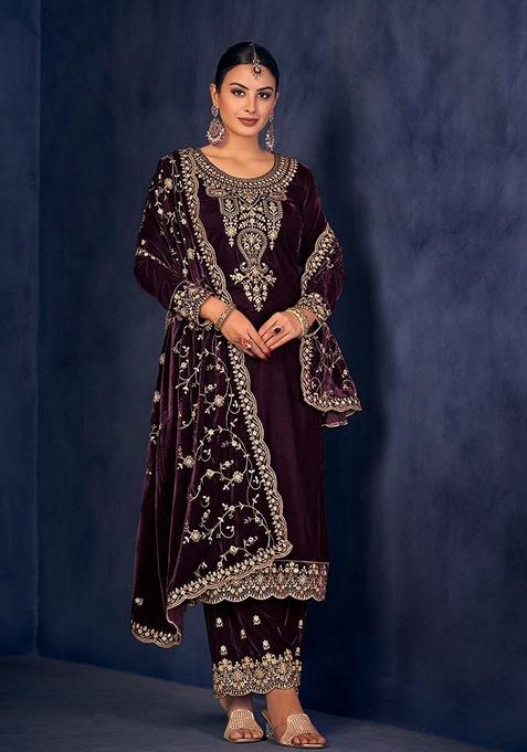 Purple Embroidered Velvet Kurta Set