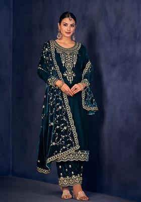 Rama Blue Embroidered Velvet Kurta Set