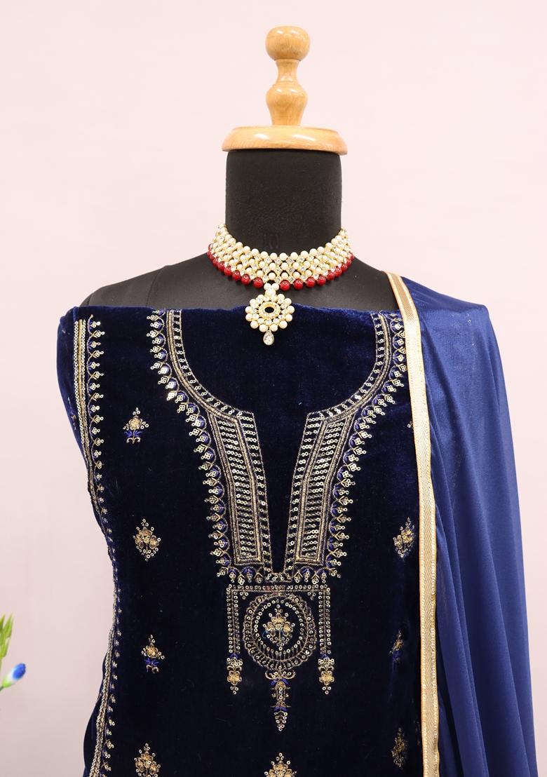 Blue Embroidered Velvet Kurta Set