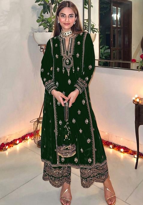 Green Embroidered Velvet Kurta Set