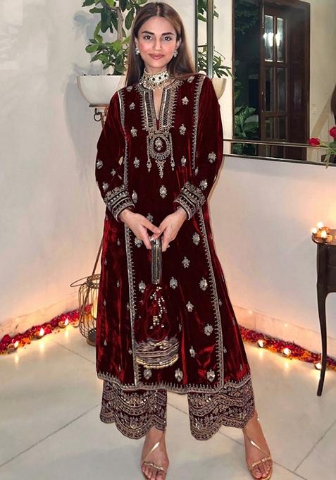 Maroon Embroidered Velvet Kurta Set