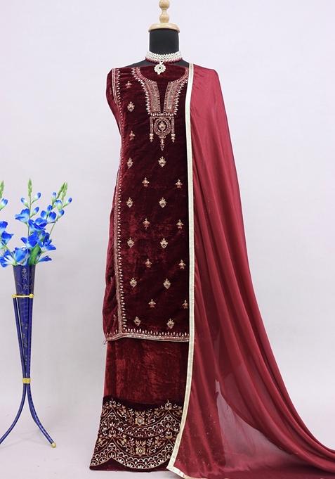 Maroon Embroidered Velvet A-line Kurta  With Trousers & Dupatta