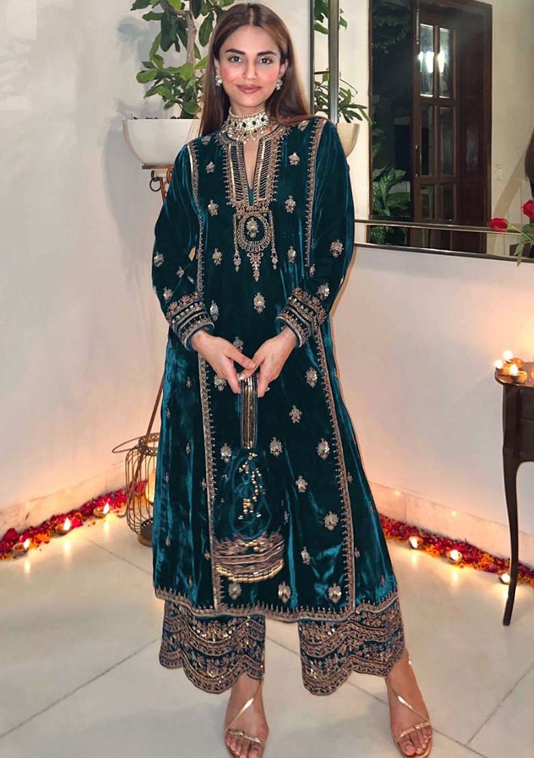Rama Blue Embroidered Velvet Pakistani Suit Set - Indya