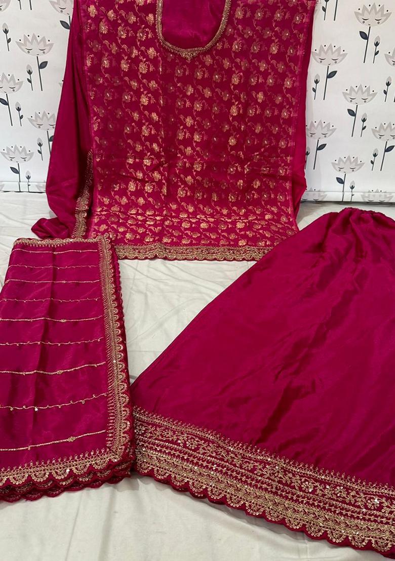 Magenta Embroidered Viscose Chinon Kurta Set