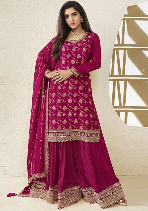 Magenta Embroidered Viscose Chinon Kurta Set