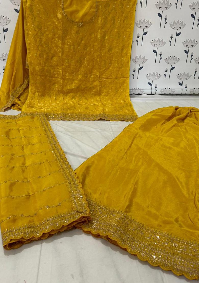 Yellow Embroidered Viscose Chinon Kurta Set