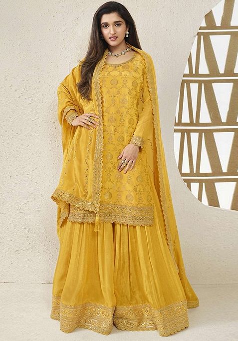 Yellow Embroidered Viscose Chinon Kurta Set