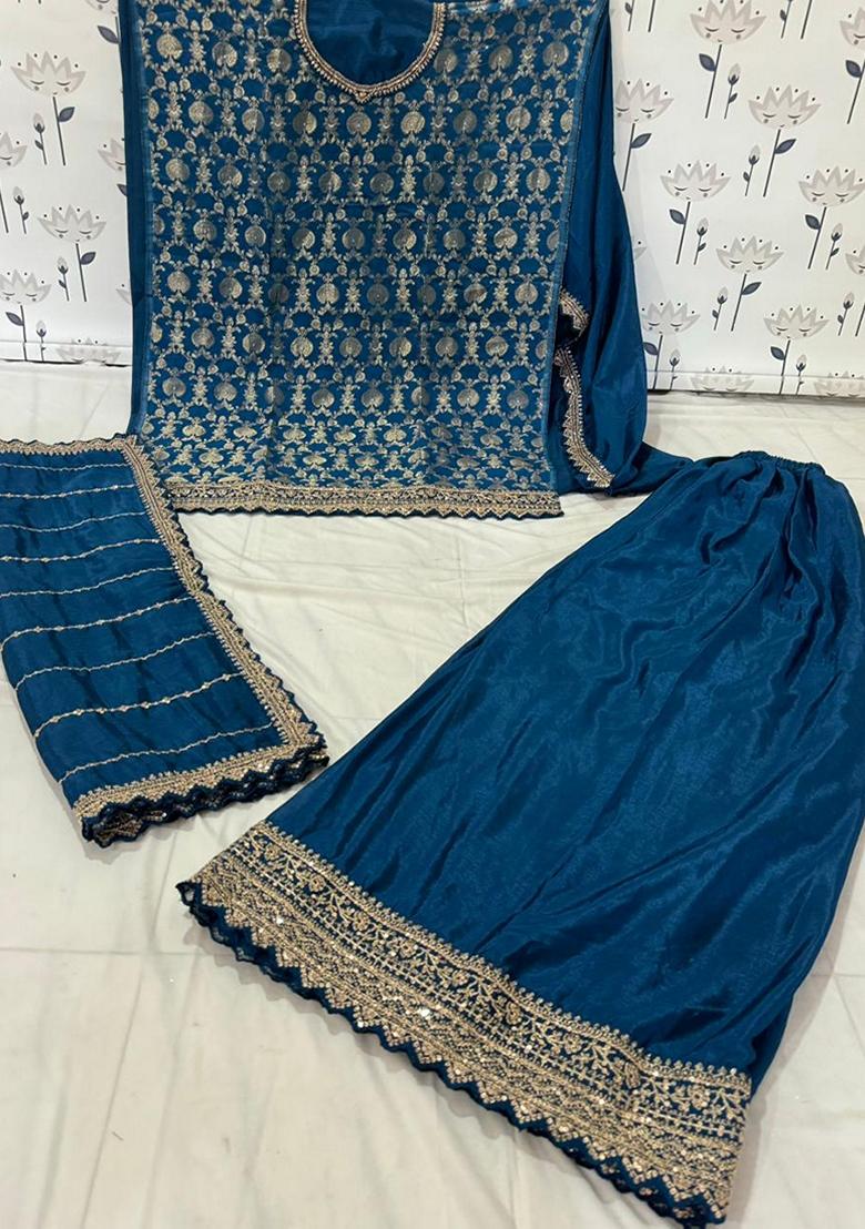 Blue Embroidered Viscose Chinon Kurta Set