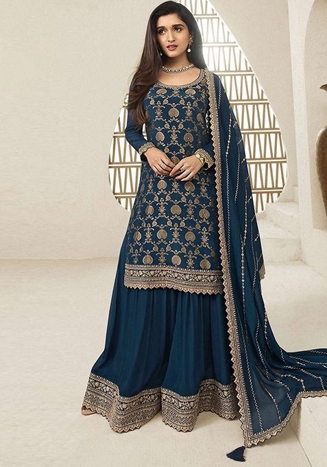 Blue Embroidered Viscose Chinon Kurta Set