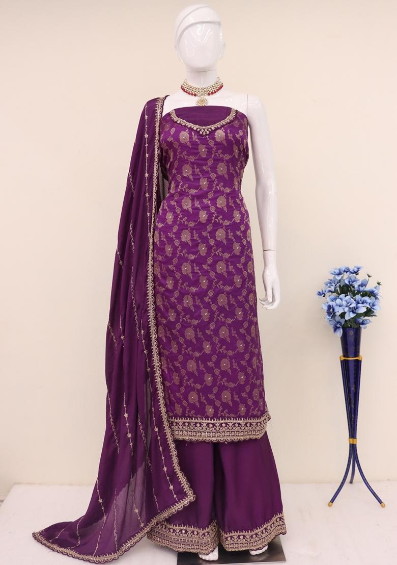 Wine Embroidered Viscose Chinon Kurta Set